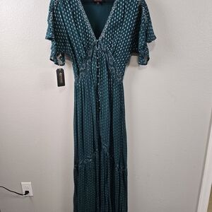 Shyanne Teal Patterned Maxi Dress Button Up